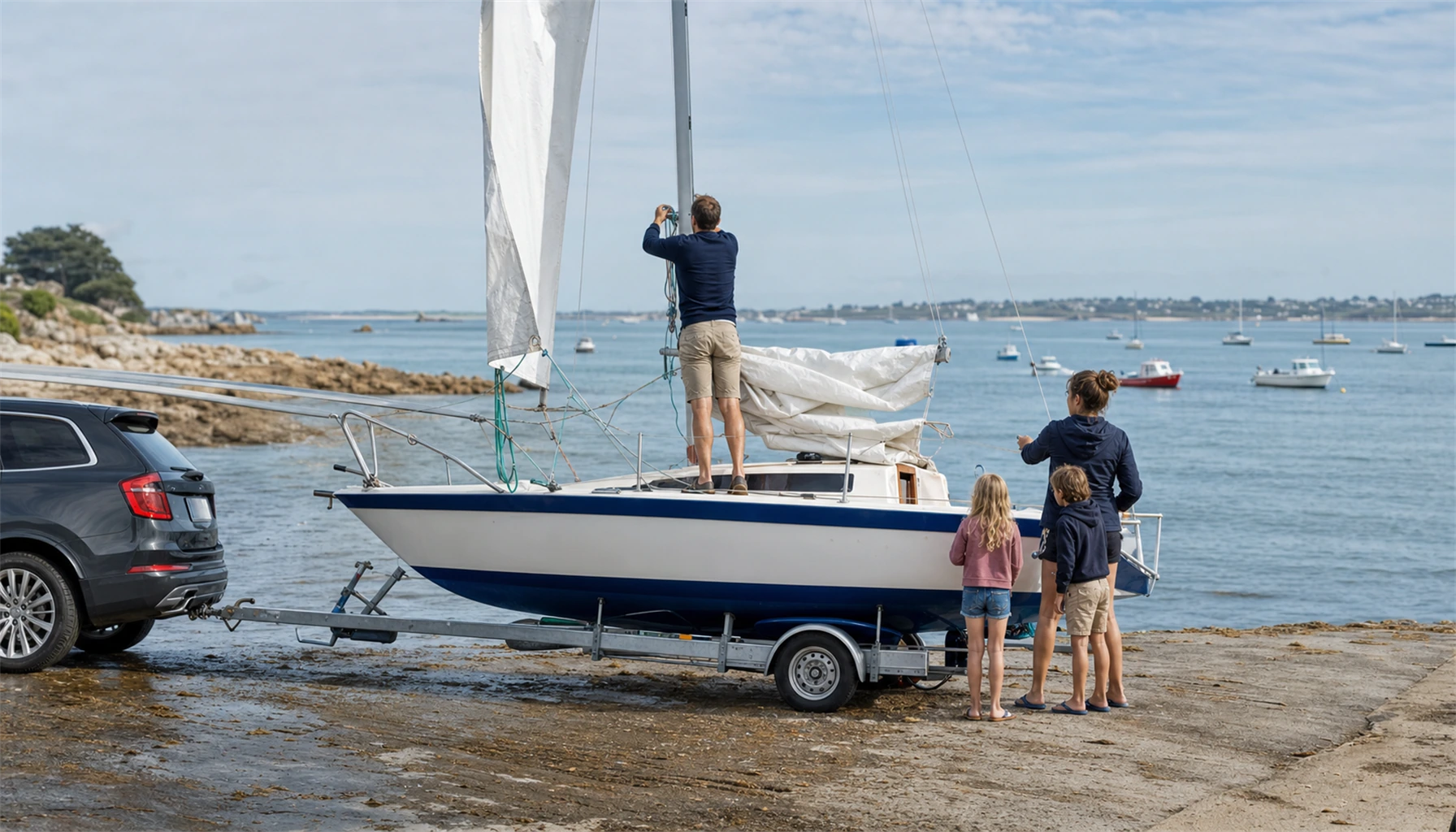 Petit bateau transportable à voile préparé près d’une cale de mise à l’eau pour une sortie côtière calme.