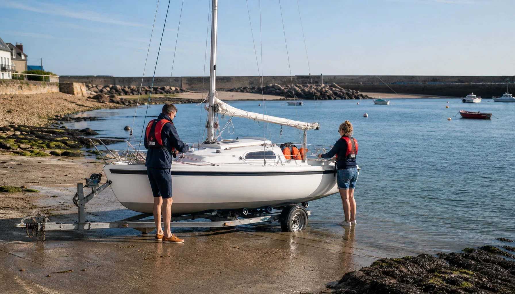 Petit bateau transportable sur une cale de mise à l’eau calme, prêt pour une navigation de loisir sécurisante.