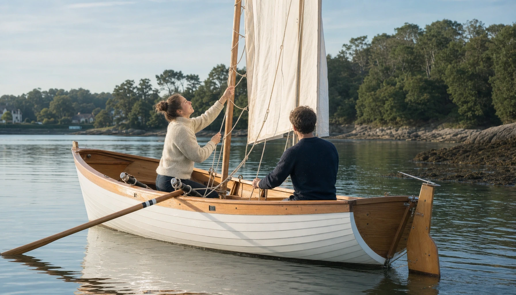 Petit bateau de voile-aviron sur eau calme, avec avirons et voile simple près d’une cale de mise à l’eau.