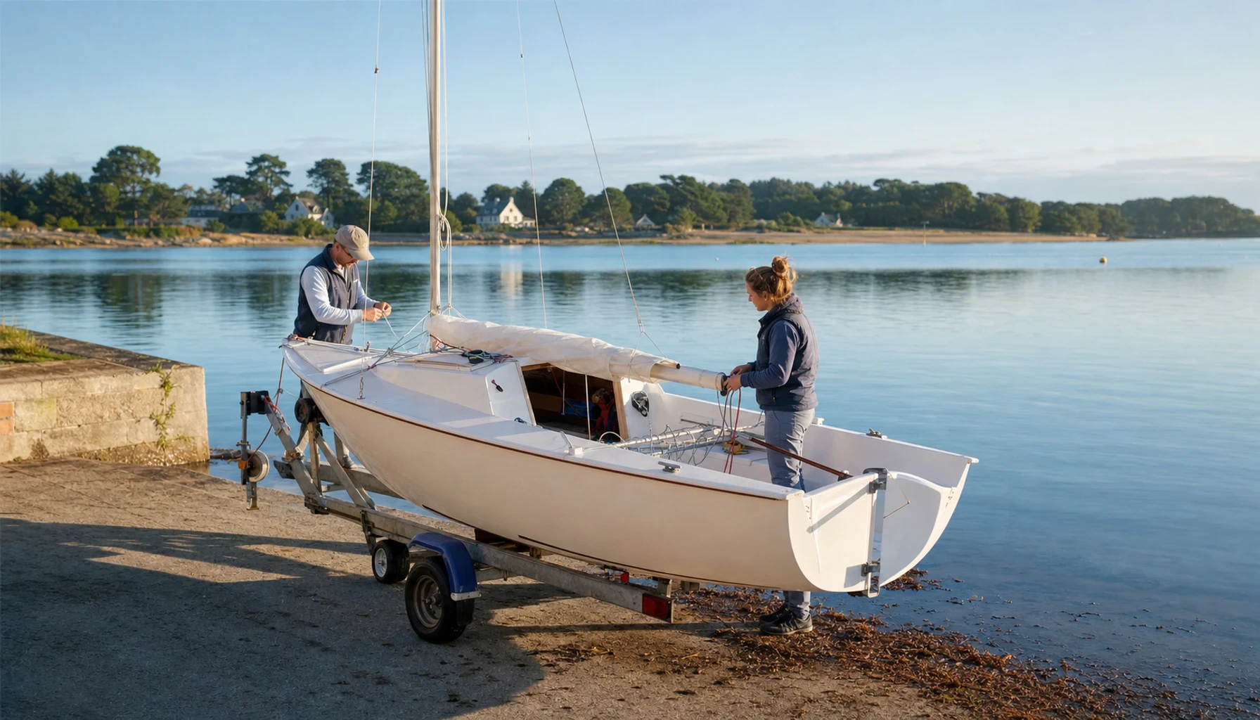Petit voilier transportable préparé sur une cale avant une sortie d’apprentissage en plan d’eau abrité.