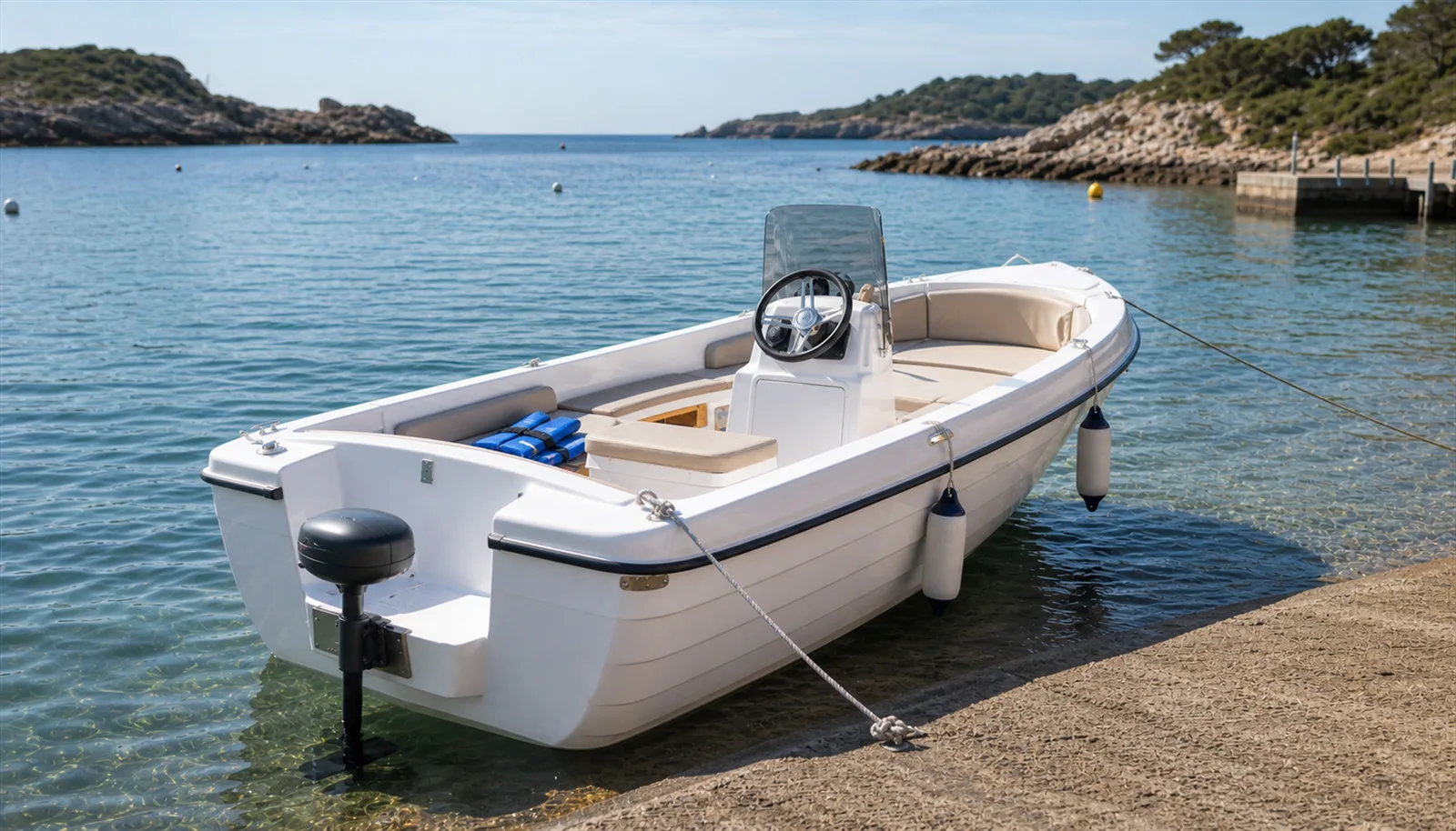Petit bateau transportable avec moteur électrique sur une cale de mise à l’eau calme
