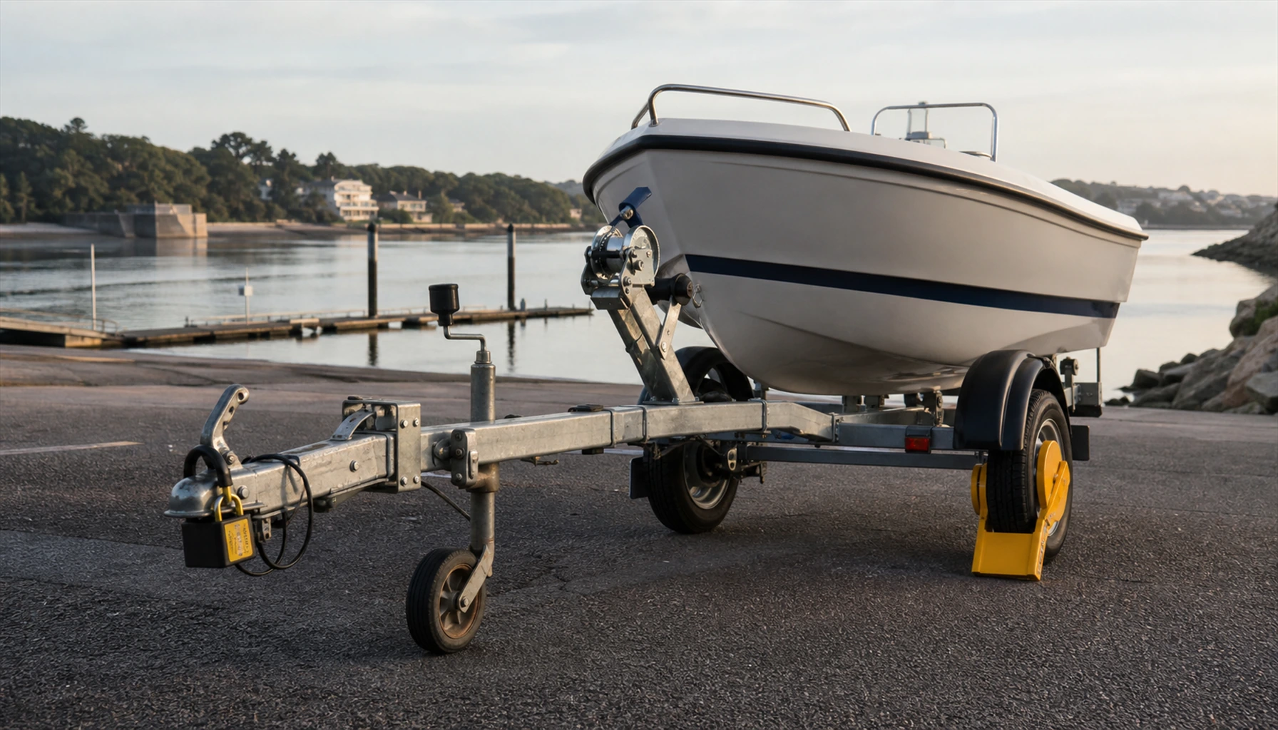 Remorque de bateau protégée par un antivol devant un petit voilier transportable.