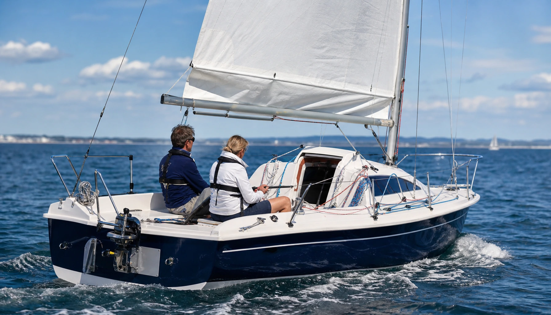 Petit voilier transportable avec une grand-voile réduite par un ris sur un plan d’eau côtier calme.