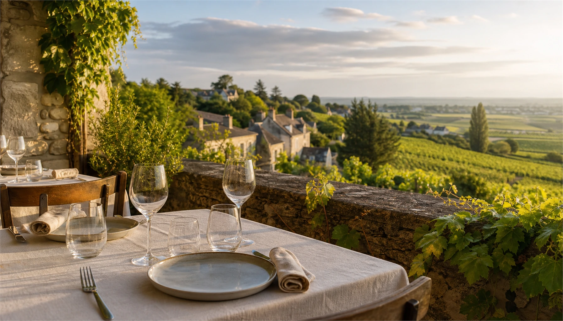 Terrasse de restaurant avec vue sur les coteaux viticoles des Coteaux du Layon.
