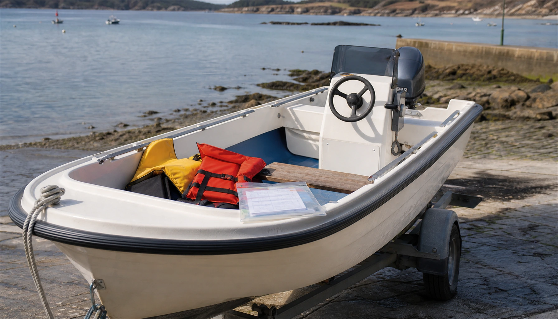 Petit bateau transportable sur remorque près d’une cale, avec des documents de plaisance préparés avant la mise à l’eau.