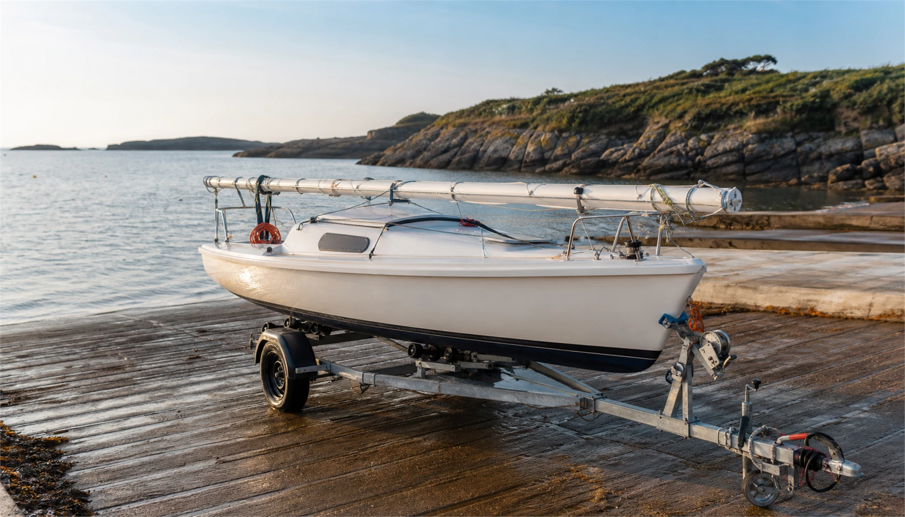 Petit bateau transportable sur remorque près d’une cale de mise à l’eau, prêt pour une sortie de plaisance.