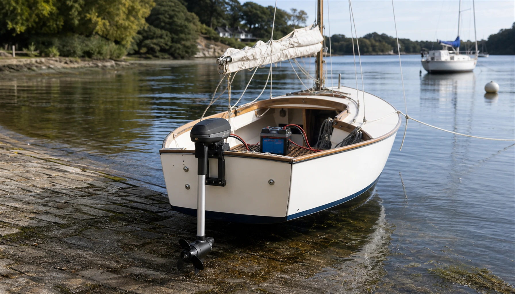 Petit bateau transportable équipé d’un moteur électrique sur une cale de mise à l’eau.