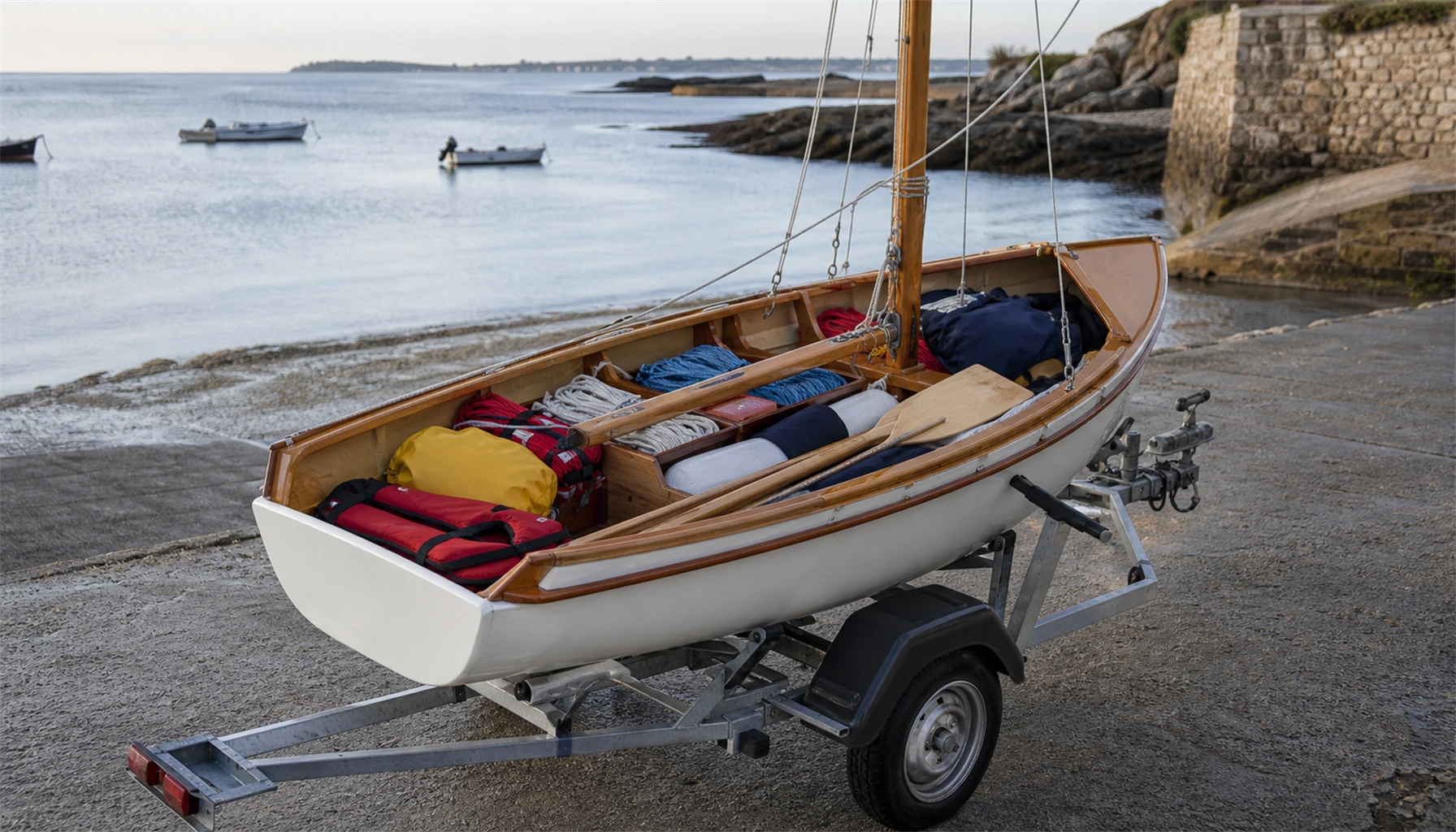 Petit bateau transportable avec matériel de navigation rangé proprement à bord près d’une cale de mise à l’eau.